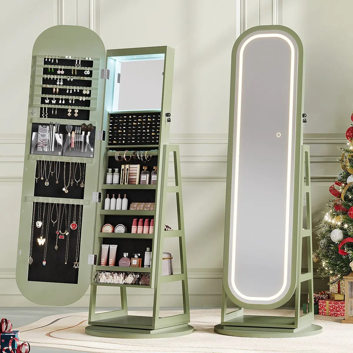 Full-Length LED Mirror: Lockable 360° Swivel Jewelry Cabinet with Lights, Freestanding Jewelry Organizer Armoire Built-in Inner Mirror & Storage Shelves, Home Furniture for Cloakroom, Living Room, Bedroom, Dorm Essentials【SummerFinds】