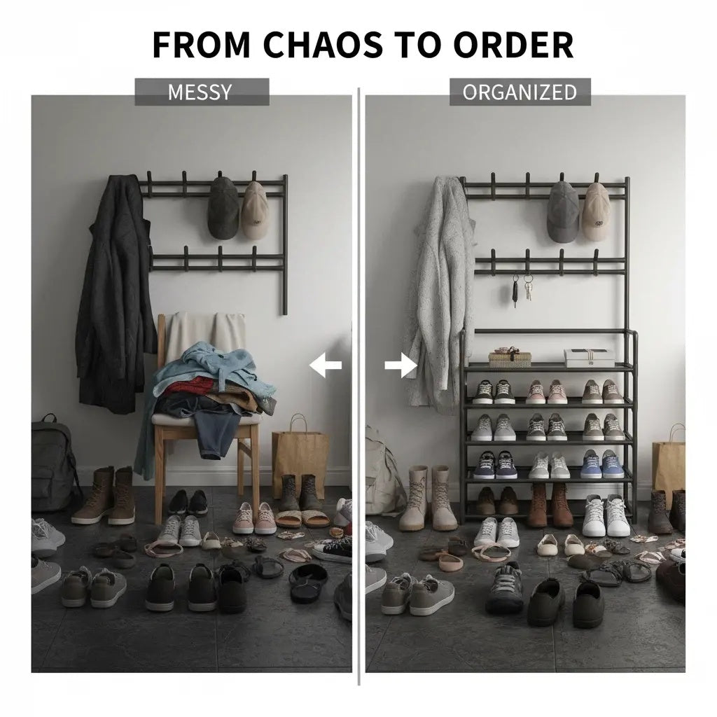 3-in-1 Hallway Storage Unit: Coat Rack with Shoe Shelf, 5-Tier Shoe Organizer with 8 Hanging Hooks, Freestanding Entryway Tree for Hall, Bedroom Multi-Purpose Adjustable Display Stand