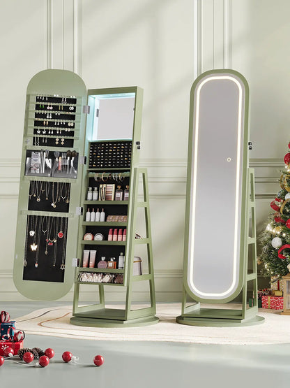 Full-Length LED Mirror: Lockable 360° Swivel Jewelry Cabinet with Lights, Freestanding Jewelry Organizer Armoire Built-in Inner Mirror & Storage Shelves, Home Furniture for Cloakroom, Living Room, Bedroom, Dorm Essentials【SummerFinds】