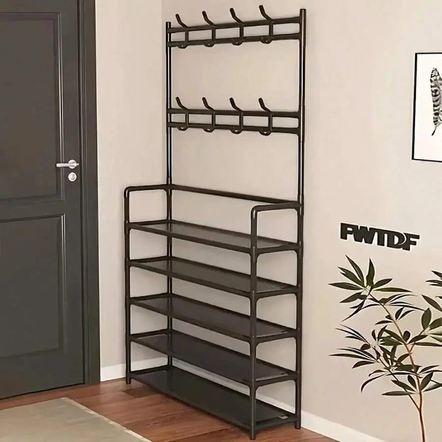 3-in-1 Hallway Storage Unit: Coat Rack with Shoe Shelf, 5-Tier Shoe Organizer with 8 Hanging Hooks, Freestanding Entryway Tree for Hall, Bedroom Multi-Purpose Adjustable Display Stand