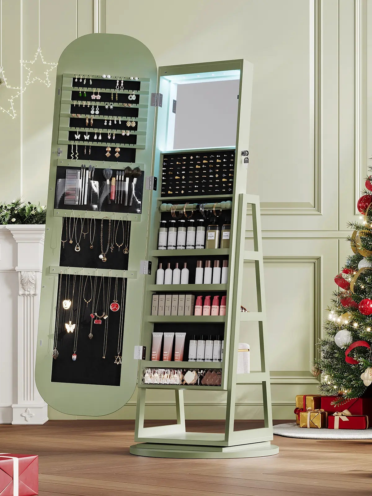 Full-Length LED Mirror: Lockable 360° Swivel Jewelry Cabinet with Lights, Freestanding Jewelry Organizer Armoire Built-in Inner Mirror & Storage Shelves, Home Furniture for Cloakroom, Living Room, Bedroom, Dorm Essentials【SummerFinds】