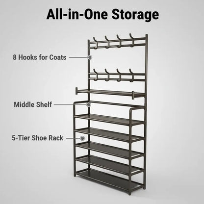 3-in-1 Hallway Storage Unit: Coat Rack with Shoe Shelf, 5-Tier Shoe Organizer with 8 Hanging Hooks, Freestanding Entryway Tree for Hall, Bedroom Multi-Purpose Adjustable Display Stand
