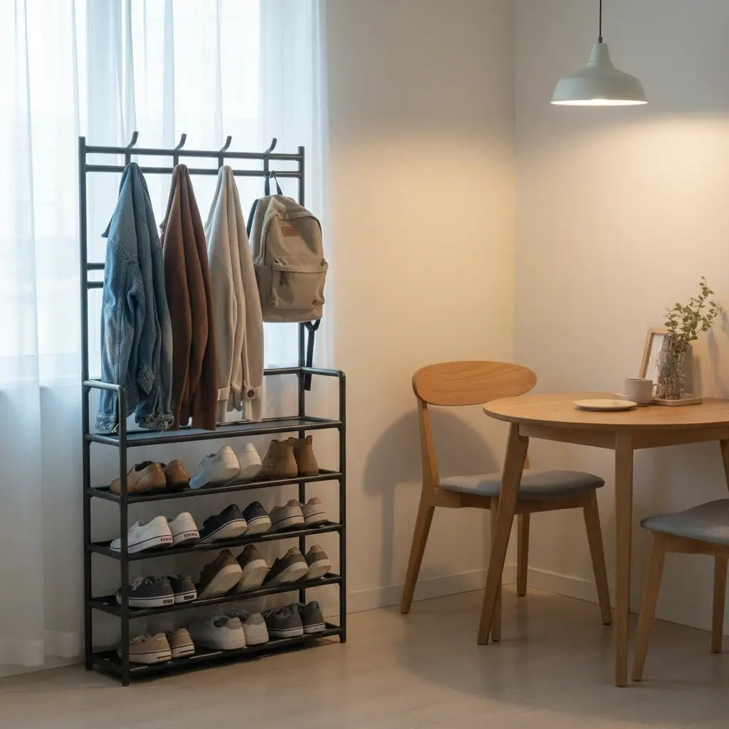 3-in-1 Hallway Storage Unit: Coat Rack with Shoe Shelf, 5-Tier Shoe Organizer with 8 Hanging Hooks, Freestanding Entryway Tree for Hall, Bedroom Multi-Purpose Adjustable Display Stand