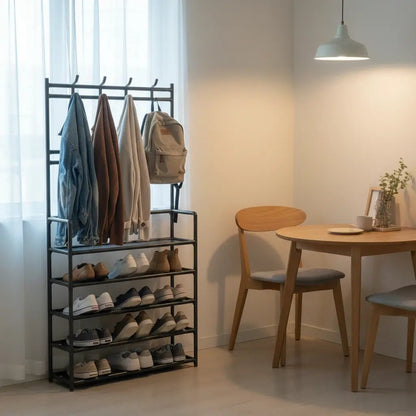 3-in-1 Hallway Storage Unit: Coat Rack with Shoe Shelf, 5-Tier Shoe Organizer with 8 Hanging Hooks, Freestanding Entryway Tree for Hall, Bedroom Multi-Purpose Adjustable Display Stand
