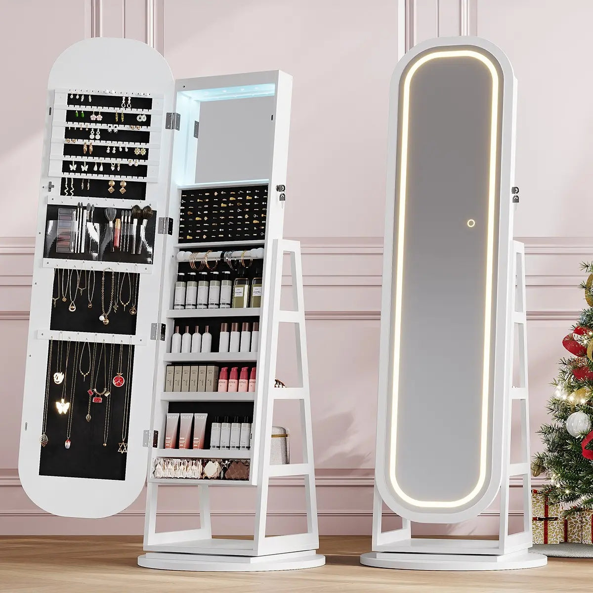 Full-Length LED Mirror: Lockable 360° Swivel Jewelry Cabinet with Lights, Freestanding Jewelry Organizer Armoire Built-in Inner Mirror & Storage Shelves, Home Furniture for Cloakroom, Living Room, Bedroom, Dorm Essentials【SummerFinds】