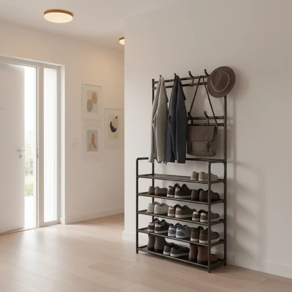 3-in-1 Hallway Storage Unit: Coat Rack with Shoe Shelf, 5-Tier Shoe Organizer with 8 Hanging Hooks, Freestanding Entryway Tree for Hall, Bedroom Multi-Purpose Adjustable Display Stand