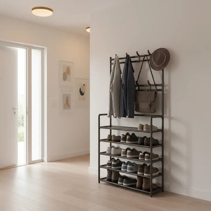 3-in-1 Hallway Storage Unit: Coat Rack with Shoe Shelf, 5-Tier Shoe Organizer with 8 Hanging Hooks, Freestanding Entryway Tree for Hall, Bedroom Multi-Purpose Adjustable Display Stand
