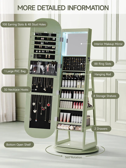 Full-Length LED Mirror: Lockable 360° Swivel Jewelry Cabinet with Lights, Freestanding Jewelry Organizer Armoire Built-in Inner Mirror & Storage Shelves, Home Furniture for Cloakroom, Living Room, Bedroom, Dorm Essentials【SummerFinds】