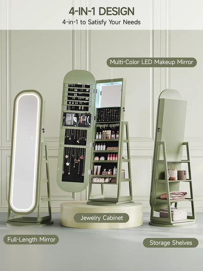 Full-Length LED Mirror: Lockable 360° Swivel Jewelry Cabinet with Lights, Freestanding Jewelry Organizer Armoire Built-in Inner Mirror & Storage Shelves, Home Furniture for Cloakroom, Living Room, Bedroom, Dorm Essentials【SummerFinds】